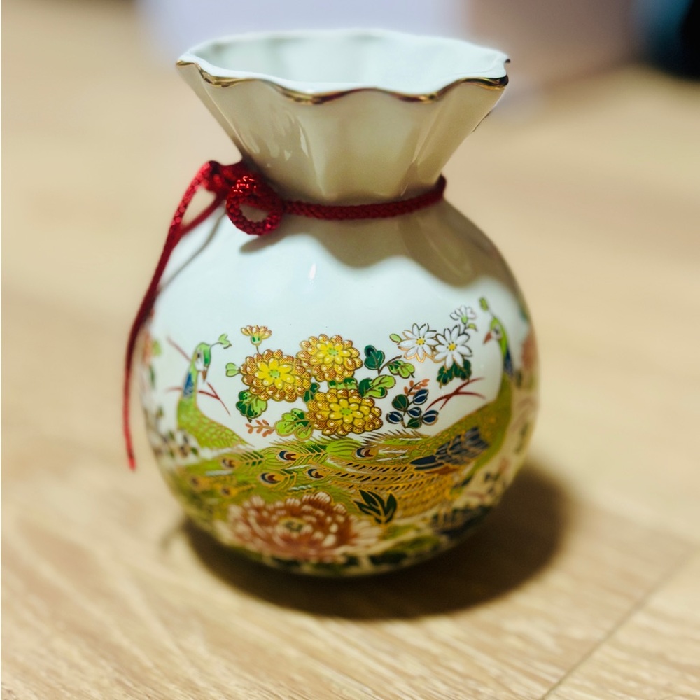 Porcelain Vintage Double Peacock Vase Floral Design Made in Japan